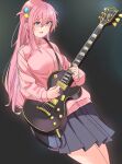  1girl blue_eyes bocchi_the_rock! cube_hair_ornament fingernails gotoh_hitori grey_background grey_skirt guitar hair_between_eyes hair_ornament highres holding holding_instrument instrument jacket long_hair music ninchan one_side_up pink_hair pink_jacket playing_instrument pleated_skirt skirt solo sweatdrop 