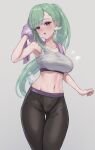  1girl armpits bare_shoulders black_pants blush breasts character_name clothes_writing crop_top crotch_seam green_hair grey_background grey_tank_top highres large_breasts long_hair looking_at_viewer mawarru midriff navel nose_blush open_mouth pants ponytail purple_eyes shirt solo stomach sweat swept_bangs tank_top taut_clothes taut_shirt thigh_gap very_long_hair virtual_youtuber vspo! wiping_sweat yakumo_beni yoga_pants 