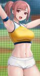  1girl :d armband blue_armband breasts cheerleader commentary_request dolphin_shorts hashi looking_back medium_breasts navel open_mouth original ponytail red_eyes red_hair shorts smile swept_bangs thick_thighs thighs toned 