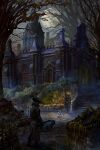  1boy 1girl ascot bloodborne brown_cloak building cloak doll hat highres hunter_(bloodborne) moon plain_doll red_ascot saw_cleaver scenery stairs standing tree tricorne yagaminoue 