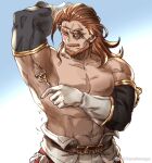  1boy abs arm_up armpits bara beard biceps blush brown_hair closed_eyes cowboy_shot eugen_(granblue_fantasy) eyepatch facial_hair granblue_fantasy konohanaya large_pectorals male_focus mature_male muscular muscular_male navel pectorals shaving shaving_armpit shy solo stomach strongman_waist thick_eyebrows thick_mustache topless_male 