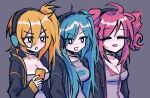  3girls :d =_= ahoge akita_neru black_hoodie blonde_hair blue_hair breasts cellphone cleavage closed_eyes collared_shirt commentary drill_hair english_commentary grey_background hatsune_miku headset highres hood hoodie kasane_teto long_hair megrocks multiple_girls open_mouth phone pink_hair shirt short_hair side-by-side side_ponytail simple_background sleeves_past_wrists smartphone smile triangle_mouth triple_baka_(vocaloid) twin_drills twintails upper_body utau vocaloid 