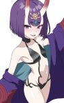  1girl absurdres bob_cut breasts commentary_request fang fate/grand_order fate_(series) highres horns japanese_clothes kimono looking_at_viewer navel oni oni_horns open_mouth purple_eyes purple_hair purple_kimono qusouzu_mogari short_hair shuten_douji_(fate) simple_background skin_fang small_breasts smile solo standing thick_eyebrows thighs white_background 