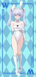  1girl animal_ears argyle argyle_background bare_shoulders blue_eyes blush border bow bowtie character_name clenched_teeth collar collarbone detached_collar diamond_(shape) english_text fake_animal_ears hair_ornament hand_on_own_arm high_heels highleg highleg_leotard highres holding_own_arm jewelry kneehighs leotard looking_at_viewer necklace patterned_background playboy_bunny rabbit_ears rwby ryoha_kosako scar scar_across_eye sleeveless socks solo strapless strapless_leotard teeth thighs twintails weiss_schnee white_bow white_bowtie white_footwear white_hair white_socks wrist_cuffs 