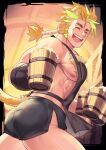  1boy animal_ears apron ass bara black_apron black_shorts blonde_hair closed_eyes cup highres holding holding_cup large_pectorals male_focus muscular muscular_male nipples original pectorals ponytail short_hair shorts smile solo tail thick_thighs thighs tiger_boy tiger_ears tiger_tail waku_(ayamix) 