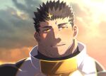  1boy asahi_(zabaniyan) beard black_hair blush close-up cloud cloudy_sky facial_hair highres looking_at_viewer male_focus manly mature_male muscular muscular_male open_mouth short_hair sky smile solo sparkle spiked_hair sunset thick_eyebrows tokyo_afterschool_summoners yellow_eyes zabaniyya_(housamo) 