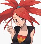  1girl bandeau black_shirt breasts cleavage closed_mouth commentary eyelashes flannery_(pokemon) hand_up long_hair looking_at_viewer plumsmoke pokemon pokemon_(game) pokemon_oras ponytail red_bandeau red_eyes red_hair shirt simple_background sleeveless sleeveless_shirt smile solo tied_shirt v 