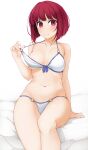  1girl absurdres areola_slip arima_kana bikini bikini_pull breasts cameltoe closed_mouth clothes_pull collarbone commentary_request highres hinata_masaki navel oshi_no_ko pulled_by_self red_eyes red_hair short_hair sitting small_breasts smile solo stomach strap_pull swimsuit thighs white_bikini 
