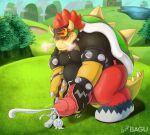  absurd_res animal_genitalia anthro bagu blush bodily_fluids bowser clothed clothing collar detailed_background digital_media_(artwork) genitals golf_course hair hi_res koopa male mario_bros mario_golf masturbation nintendo penis plant scalie shell solo spiked_penis spikes spikes_(anatomy) tree 