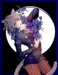  1girl androgynous animal_ears breasts cat_ears cat_girl cat_tail curly_hair feet_out_of_frame flower flower_request hh_human5 highres hunter_x_hunter leaning_back long_sleeves looking_at_viewer neferpitou purple_flower red_eyes short_hair simple_background smile solo tail two-tone_background white_hair 