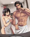  absurdres ass bath black_hair breasts cellphone eren_yeager hair_bun highres large_breasts mikasa_ackerman muscular muscular_male phone pixie_cut red_scarf scarf shingeki_no_kyojin shower_(place) smartphone smile taking_picture tina_fate toothbrush towel wet wet_hair wide_hips 