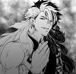  1boy ashiya_douman_(fate) asymmetrical_clothes curly_hair earrings evil_grin evil_smile fate/grand_order fate_(series) fingernails greyscale grin hair_between_eyes highres hourinoki jewelry long_hair magatama magatama_earrings male_focus monochrome multicolored_hair sharp_fingernails smile solo split-color_hair squinting toned toned_male two-tone_hair upper_body 