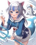  1girl :d absurdres animal_ears bloop_(gawr_gura) blue_eyes blue_hair blue_hoodie blue_nails blunt_bangs blush cat_ears claw_pose fins fish_tail gawr_gura gawr_gura_(1st_costume) grey_hair hair_ornament highres holding holding_wand hololive hololive_english hood hood_down hoodie long_hair long_sleeves looking_at_viewer multicolored_hair nail_polish nekopurin_(nyanko_prin) no_pants open_mouth polearm shark_hair_ornament shark_tail sharp_teeth smile solo streaked_hair tail teeth trident two_side_up upper_teeth_only virtual_youtuber wand weapon wide_sleeves 