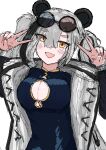  1girl absurdres animal_ears arknights black-framed_eyewear black_dress black_hair breasts china_dress chinese_clothes cleavage cleavage_cutout clothing_cutout colt_(allyourvase0808) double_v dress eyewear_on_head feater_(arknights) grey_hair grey_jacket hair_between_eyes hands_up highres jacket large_breasts long_hair looking_at_viewer medium_breasts multicolored_hair open_clothes open_jacket panda_ears round_eyewear short_eyebrows simple_background sketch solo streaked_hair sunglasses thick_eyebrows twintails upper_body v white_background 
