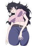  1girl absurdres arima_uran belt belt_buckle black_hair breasts brown_belt buckle cleavage cowboy_shot cropped_legs cropped_shirt denim fingernails hair_between_eyes highres island_(game) jeans large_breasts long_hair messy_hair muffin_top navel open_mouth pants pink_shirt pocket powerhamuhamu purple_pants red_eyes shirt short_sleeves simple_background solo standing white_background 