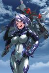  1girl :d armored_bodysuit blue_bodysuit blue_eyes bodysuit breasts character_request cloud cloudy_sky commentary_request commission covered_navel covered_nipples fortified_suit hand_on_own_hip headgear highres impossible_bodysuit impossible_clothes kurione_(zassou) large_breasts looking_at_viewer mecha muv-luv muv-luv_alternative purple_hair robot salute shiny_clothes skeb_commission sky smile solo teeth upper_teeth_only 