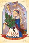  1girl absurdres ayuria barioth blonde_hair blue_eyes christmas_ornaments christmas_present commentary_request dress fur-trimmed_collar fur_trim gift gloves highres long_hair merry_christmas monster_hunter_(series) monster_hunter_stories_2 notebook official_art ornament ponytail smile snow tusks winter_clothes yian_kut-ku 