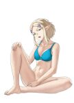  1girl barefoot blonde_hair blue_bra bottomless bra breasts collarbone commentary covering covering_crotch english_commentary eyelashes feet forehead green_eyes hair_ornament hairclip hand_on_own_knee hand_up head_tilt highres knee_up legs looking_at_viewer medium_breasts medium_hair navel open_mouth pointy_ears pomelomelon princess_zelda sidelocks simple_background teeth the_legend_of_zelda the_legend_of_zelda:_tears_of_the_kingdom toenails toes underwear white_background 