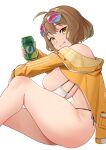  1girl ahoge ajidot anis_(nikke) anis_(sparkling_summer)_(nikke) bare_shoulders bikini breasts brown_hair can commentary_request eyewear_on_head from_side goddess_of_victory:_nikke grin holding holding_can jacket korean_commentary large_breasts long_sleeves looking_at_viewer off_shoulder open_clothes open_jacket short_hair simple_background sitting smile soda_can solo strapless strapless_bikini sunglasses swimsuit thick_thighs thighs white_background white_bikini yellow_eyes yellow_jacket 