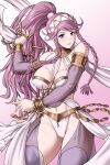  1girl absurdres armlet braided_sidelock breasts dancer detached_sleeves fire_emblem fire_emblem_awakening gold_trim headband high_ponytail highres jewelry long_hair looking_at_viewer medium_breasts midriff navel olivia_(fire_emblem) pink_hair ponytail purple_eyes rakusai_(saisai_garou) ring see-through see-through_sleeves shawl smile solo spiked_ring very_long_hair white_background white_shawl 