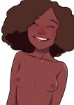  1girl bare_shoulders blush breasts brown_hair collarbone commentary dark_skin eyelashes happy highres medium_hair nipples nude oira_wa_arumajiro original petite small_breasts smile solo solo_focus teeth topless white_background 