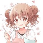  1girl apron bowl brown_eyes commentary_request commission double_bun frilled_apron frills hair_between_eyes hair_bun hidamari_sketch hiro_(hidamari_sketch) holding holding_bowl holding_spoon light_blush light_brown_hair looking_at_viewer medium_hair open_mouth pink_apron pink_shirt pixiv_commission portrait rice_bowl shirt simple_background smile solo spoon urushi_(2634334) white_background 