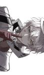  1boy ascot bungou_stray_dogs closed_mouth finger_to_mouth gloves green_eyes hair_between_eyes heterochromia highres jacket looking_at_viewer male_focus nikolai_gogol_(bungou_stray_dogs) portrait red_gloves short_hair simple_background solo white_ascot white_background white_hair white_headwear white_jacket ya_ta yellow_eyes 