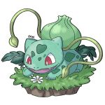  animal_focus bright_pupils bulbasaur claws fangs flower highres kashi_kosugi looking_at_flowers looking_down no_humans nostrils on_grass open_mouth plant pokemon pokemon_(creature) red_eyes signature simple_background vines white_flower white_pupils 
