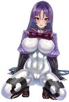  1girl arm_guards armor blush bodysuit breasts cameltoe covered_navel fate/grand_order fate_(series) fingerless_gloves gloves highres japanese_armor kote large_breasts latex latex_bodysuit long_hair looking_at_viewer low-tied_long_hair minamoto_no_raikou_(fate) navel open_mouth parted_bangs purple_eyes purple_hair skin_tight smile solo spread_legs squatting very_long_hair volyz 