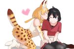  2girls animal_ears bare_shoulders black_gloves black_hair black_pantyhose blonde_hair blue_eyes blush boots brown_footwear cat_ears cat_girl cat_tail closed_eyes elbow_gloves extra_ears gloves hair_between_eyes heart high-waist_skirt highres kaban_(kemono_friends) kemono_friends licking multiple_girls one_eye_closed pantyhose print_gloves print_skirt print_thighhighs red_shirt serval_(kemono_friends) serval_print shirt shiso_(sticky_shiso) short_hair short_sleeves shorts sidelocks sitting skirt sleeveless smile t-shirt tail thighhighs white_footwear white_shirt white_shorts yokozuwari zettai_ryouiki 