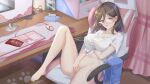  1girl ahoge airpods barefoot blush bottomless breasts brown_hair chair cleavage clock clothes_lift collarbone computer covered_nipples digital_clock female_masturbation gaming_chair glasses grabbing_own_breast grey_eyes hair_between_eyes hand_under_clothes hand_under_shirt highres indoors kaede_uehara keyboard_(computer) large_breasts long_bangs masturbation medium_hair monitor mouse_(computer) navel no_bra open_mouth original paw_print pussy_juice see-through shirt shirt_lift short_sleeves sitting solo spread_legs swivel_chair taut_clothes taut_shirt tissue_box towel white_shirt wireless_earphones 