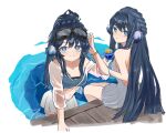  2girls alternate_costume animal_ear_fluff arknights astesia_(arknights) astgenne_(arknights) bikini blue_bikini blue_eyes blue_hair blush bracelet braid breasts bright_pupils closed_mouth commentary cup diamond-shaped_pupils diamond_(shape) dress drinking_glass garuka goggles goggles_on_head holding holding_cup jewelry long_hair medium_breasts midriff multiple_girls navel ponytail see-through see-through_sleeves siblings sisters skirt sleeveless sleeveless_dress smile split_mouth swimsuit symbol-shaped_pupils very_long_hair wading water white_dress white_pupils white_skirt 