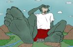  2023 5_toes anthro beastars blurred_background bottomwear building building_destruction canid canine canis city claws clothing cloud colored digital_drawing_(artwork) digital_media_(artwork) exclamation_point extreme_size_difference feet foot_focus footprint fur grey_body grey_claws grey_fur hand_on_head hi_res humanoid_feet landscape larger_anthro larger_male legoshi_(beastars) macro male mammal micro paws plantigrade red_bottomwear red_clothing red_shorts river shirt shorts size_difference smellslikejavier solo surprised_expression toes topwear water white_body white_clothing white_fur white_shirt white_topwear wolf 