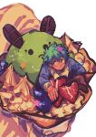  1boy absurdres blush boku_no_hero_academia closed_mouth commentary food freckles fruit green_eyes green_hair highres holding holding_food ice_cream in_food long_sleeves male_focus midoriya_izuku miniboy short_hair simple_background solo_focus star_(symbol) strawberry symbol-only_commentary white_background zukuworid 