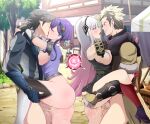  2boys 2girls absurdres armor arms_around_neck aroused ass ass_grab bare_shoulders bell blonde_hair blush bottomless breasts building closed_eyes commission commissioner_upload cubson cum dress eyeshadow fertilization fingerless_gloves fire_emblem fire_emblem_awakening fire_emblem_cipher fire_emblem_echoes:_shadows_of_valentia french_kiss fur_trim gloves gradient_hair green_eyes grey_eyes grey_hair hair_ornament headband hetero highres holding horn_ornament horns impregnation inigo_(fire_emblem) kiss large_breasts leg_lift lips long_hair makeup medium_breasts multicolored_hair multiple_boys multiple_girls nipples no_bra no_panties non-web_source open_mouth outdoors ovum owain_(fire_emblem) penis pink_hair purple_hair red_eyeshadow sex shade_(fire_emblem) short_hair staring teeth thighs tongue tongue_out tree vaginal white_hair yuzu_(fire_emblem) 