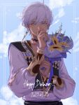  1boy absurdres arabian_clothes blue_eyes bouquet dark-skinned_male dark_skin dated earrings flower happy_birthday highres holding holding_bouquet ibrahim_(1st_costume)_(nijisanji) ibrahim_(nijisanji) jewelry kanonkyo male_focus nijisanji solo sunflower virtual_youtuber white_hair yellow_flower 