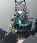  1girl animal_ear_fluff animal_ears assault_rifle bag blue_archive blue_eyes blue_scarf cowboy_shot expressionless grey_background grey_hair grey_skirt gun halo highres holding holding_gun holding_weapon infukun jacket long_hair open_clothes open_jacket plaid plaid_skirt rifle scarf shiroko_(blue_archive) shoulder_bag sig_556 skirt solo weapon wolf_ears 