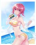  1girl ass beach bikini blue_sky border breasts can chaos;child cleavage collarbone cowboy_shot day drinking_straw dutch_angle hair_between_eyes halterneck happy_birthday highres holding holding_can looking_at_viewer medium_breasts medium_hair nishijou_myu ocean onoe_serika outdoors pink_hair red_eyes ribbon side-tie_bikini_bottom sideboob sky solo standing straight_hair striped striped_bikini sunlight swimsuit tongue tongue_out twisted_torso white_border white_ribbon yellow_bikini 