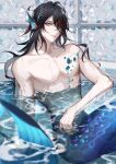  1boy bathtub bishounen black_hair blue_scales closed_mouth completely_nude fins full_body head_fins highres indoors long_hair looking_at_viewer male_focus merman monster_boy monsterification multicolored_hair nijisanji nijisanji_en nude otsuatsushi partially_submerged red_hair scales sitting solo streaked_hair virtual_youtuber vox_akuma water yellow_eyes 
