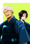  1boy 1girl black_hair earrings green_eyes green_hair highres japanese_clothes jewelry kuina looking_ahead nemu_iine one_eye_closed one_piece open_mouth roronoa_zoro scar scar_across_eye short_hair smile 