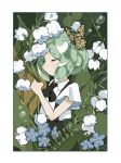  1other androgynous black_necktie blue_flower border bug butterfly closed_eyes closed_mouth collared_shirt commentary_request facing_to_the_side flower gem_uniform_(houseki_no_kuni) green_hair hand_up holding houseki_no_kuni leaf lily_of_the_valley mol_(molmol_09) necktie other_focus phosphophyllite profile shirt short_hair short_sleeves solo suspenders water_drop white_border white_flower white_shirt 