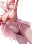  1girl absurdres ahoge ass bare_arms bare_legs bare_shoulders bikini blue_archive blush braid breasts cleavage green_eyes halo hanako_(blue_archive) highres large_breasts long_hair navel open_mouth pink_hair pink_halo red_bikini rororo simple_background single_braid smile solo swimsuit white_background 