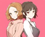  2girls black_hair blush braid breasts brown_eyes brown_hair crown_braid looking_at_viewer medium_breasts multiple_girls niijima_makoto okumura_haru persona persona_5 pink_background pink_sweater red_eyes short_hair simple_background sweater turtleneck turtleneck_sweater um_zum upper_body 