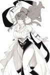  1girl absurdres alternate_costume arm_up bracelet breasts cleavage fire_emblem fire_emblem_awakening hair_ribbon highres jewelry large_breasts long_hair looking_at_viewer monochrome pelvic_curtain pendant_choker pointy_ears ponytail ribbon sakuremi sash shawl sidelocks smile solo thighs tiara tiki_(adult)_(fire_emblem) tiki_(fire_emblem) 