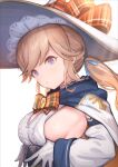  1girl blue_eyes breasts cape cucouroux_(granblue_fantasy) detached_sleeves gloves granblue_fantasy hood hooded_cape large_breasts large_hat long_sleeves sideboob solo tomamatto twintails white_gloves 
