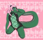  alligator alligatorid andromorph anthro blue_eyes blush bottom_growth brown_eyes claws clothed clothing crocodilian digital_media_(artwork) genitals green_body hair heterochromia hi_res intersex long_hair looking_at_viewer nude pink_background pink_hair ponytail pussy reptile scalie shawnstar simple_background smile solo solo_focus tail teeth trans_(lore) 