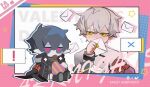  2boys arknights black_coat blue_eyes blue_hair blush chocolate coat faust_(arknights) green_eyes heart holding holding_letter jacket letter long_sleeves mephisto_(arknights) multiple_boys pink_pupils south_ac speech_bubble sweat white_hair white_jacket yaoi 