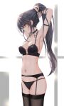  1girl adjusting_hair armpits black_bra black_choker black_panties black_thighhighs bra breasts choker from_side garter_belt highres large_breasts long_hair navel original panties purple_hair red_eyes solo standing sweat thighhighs underwear yuzuriha_(atelier_liang) 