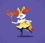  1girl animal_ear_fluff animal_ears animal_feet animal_hands animal_nose black_fur body_fur border braixen closed_mouth commentary english_commentary fire flat_chest fox_ears fox_girl fox_tail full_body furry furry_female happy highres holding holding_stick leg_up looking_to_the_side multicolored_fur neck_fur outstretched_arm pixel_art pokemon pokemon_(creature) purple_background purple_border red_eyes simple_background smile snout solo standing standing_on_one_leg stick tail white_fur wisgarus yellow_fur 