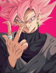  1boy bure_(fantasticyouth7) dragon_ball dragon_ball_super earrings evil_smile goku_black highres jewelry pink_background pink_hair portrait ring simple_background single_earring smile solo solo_focus spiked_hair teeth 